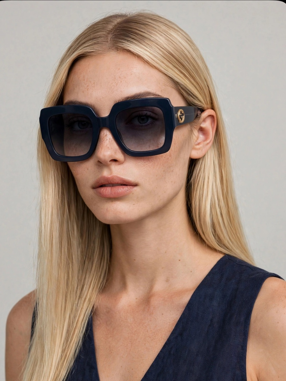 Gucci Oversized Navy Square Sunglasses with Gold Temples